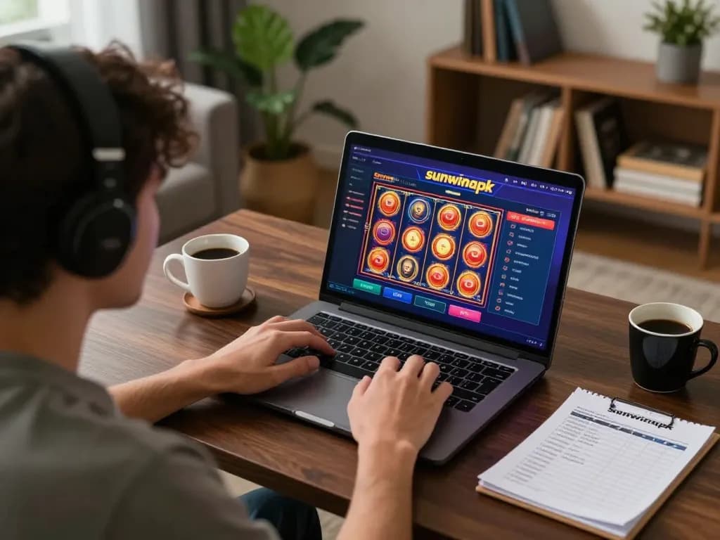 Engaging gaming experience with sunwinapk on a laptop, showcasing responsible betting habits.