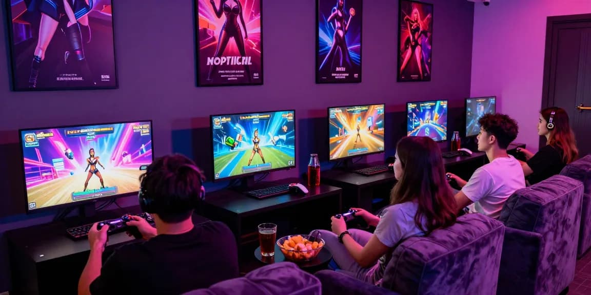 Exciting gaming lounge scene showcasing a sex game with friends enjoying multiplayer action and vibrant graphics.