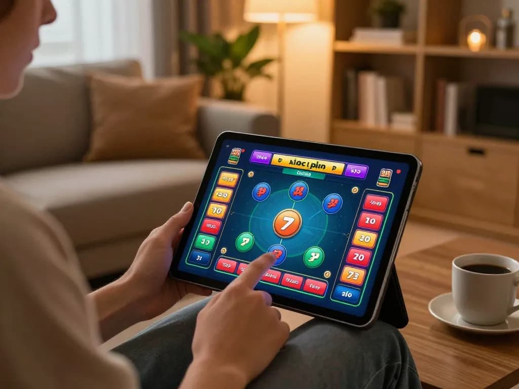 Xóc đĩa online being played on a tablet in a cozy home setup, showcasing vibrant game interface.