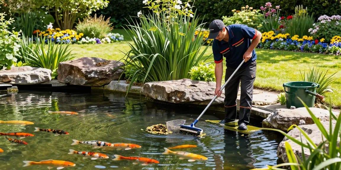 Pond Clean Surrey in action with professionals cleaning a serene garden pond surrounded by lush greenery and colorful koi fish.