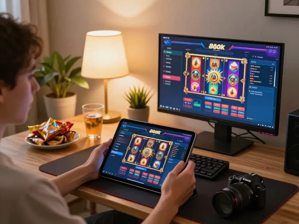 Engaging in rokok 88 online gaming action on a tablet in a cozy home setup.