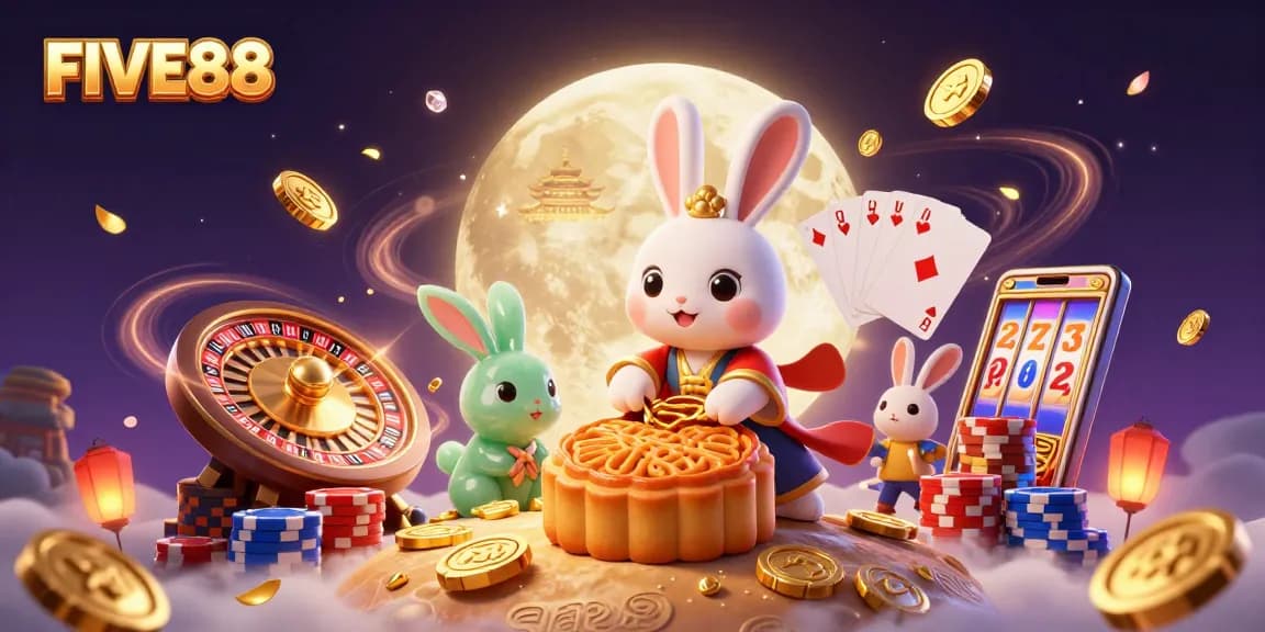 Engage with FIVE88 as a moon rabbit character reveals poker chips from mooncakes in a vibrant casino scene.
