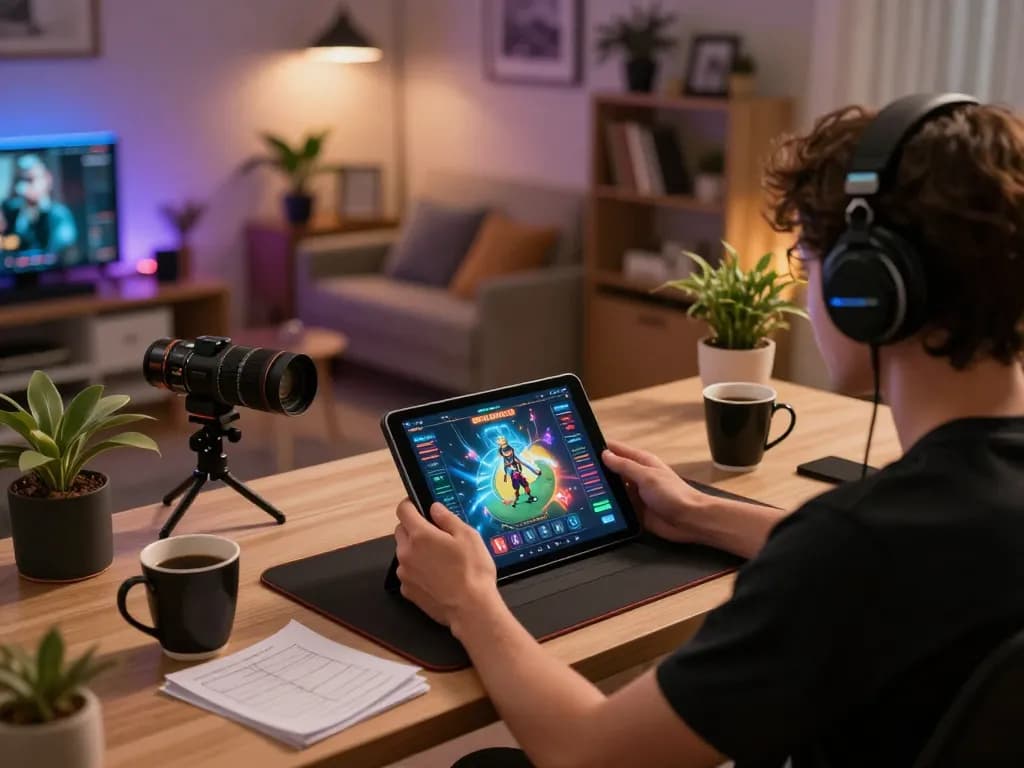 Engaged player enjoying เว็บสล็อตตรง experience on tablet in cozy gaming setup.