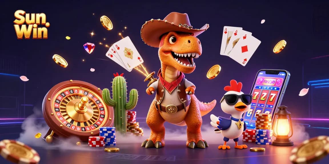 Experience the thrill of Sun Win with vibrant 3D casino fun featuring T-Rex and friends.