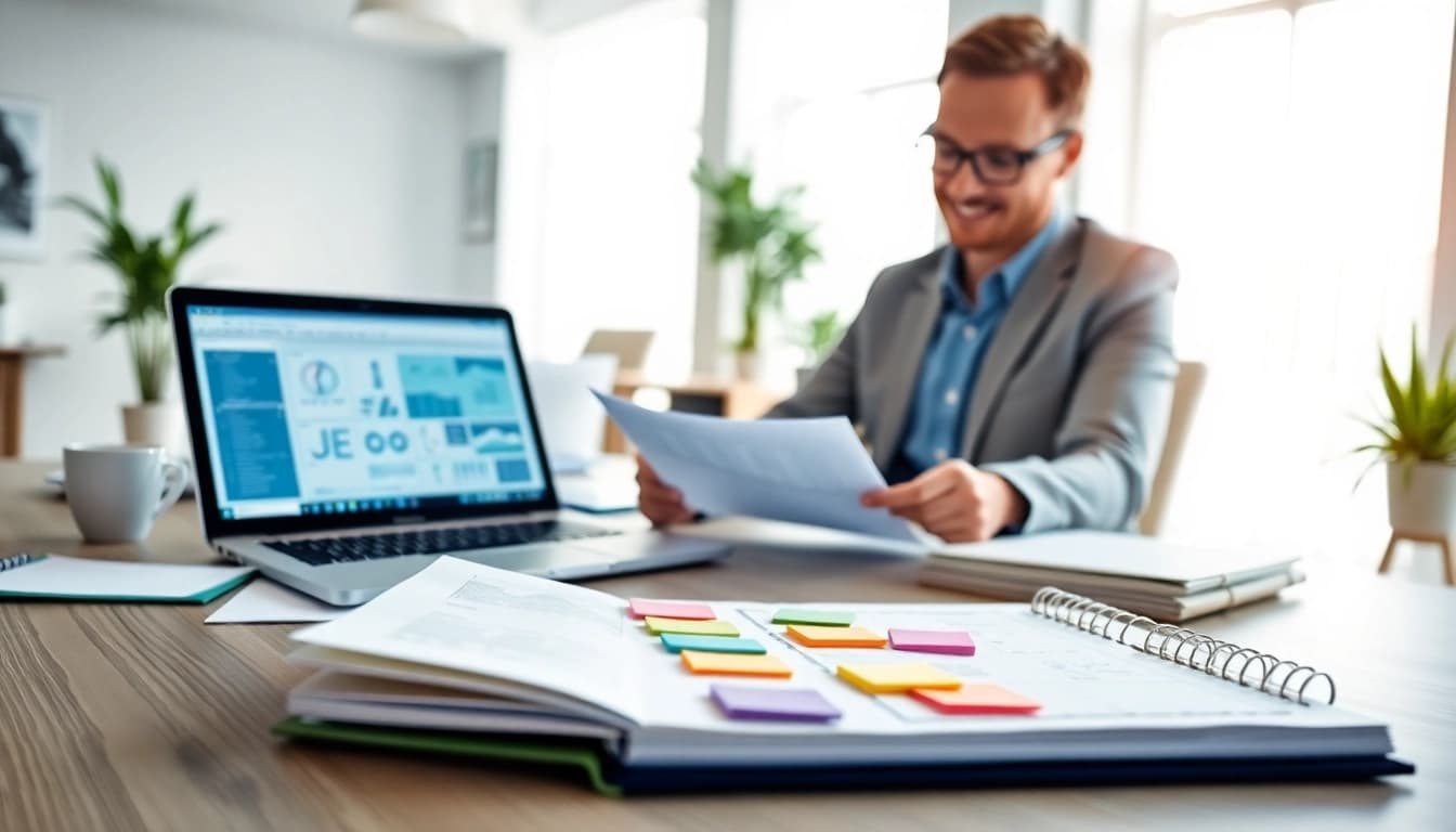 Engaging consultant working on Proposal Writing and Management tasks in a modern office