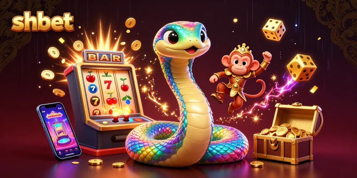Experience the excitement of shbet with a vibrant scene of a jackpot explosion, rainbow serpent, and glowing treasures.