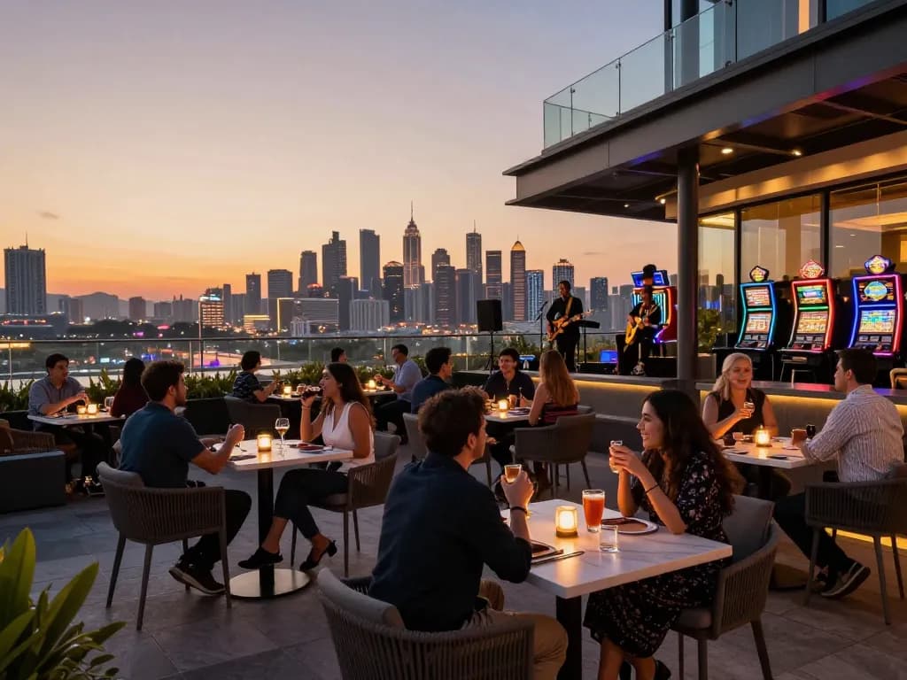 A vibrant terrace scene at a modern casino highlighting social gaming at 388bet with sunset skyline.