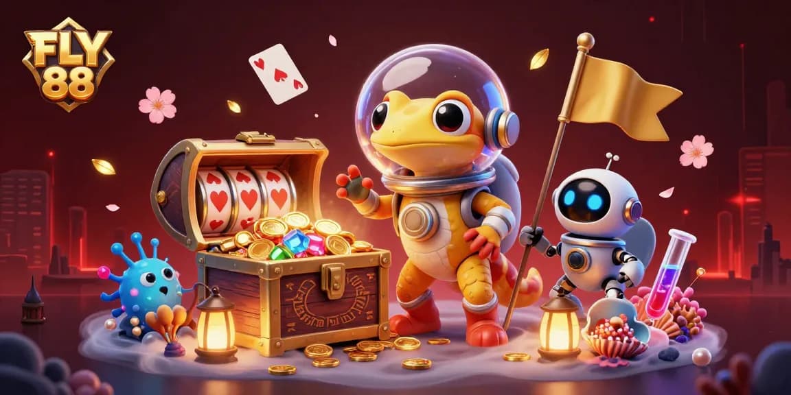 Experience FLY 88 with our Martian gecko discovering a vibrant casino filled with treasures.