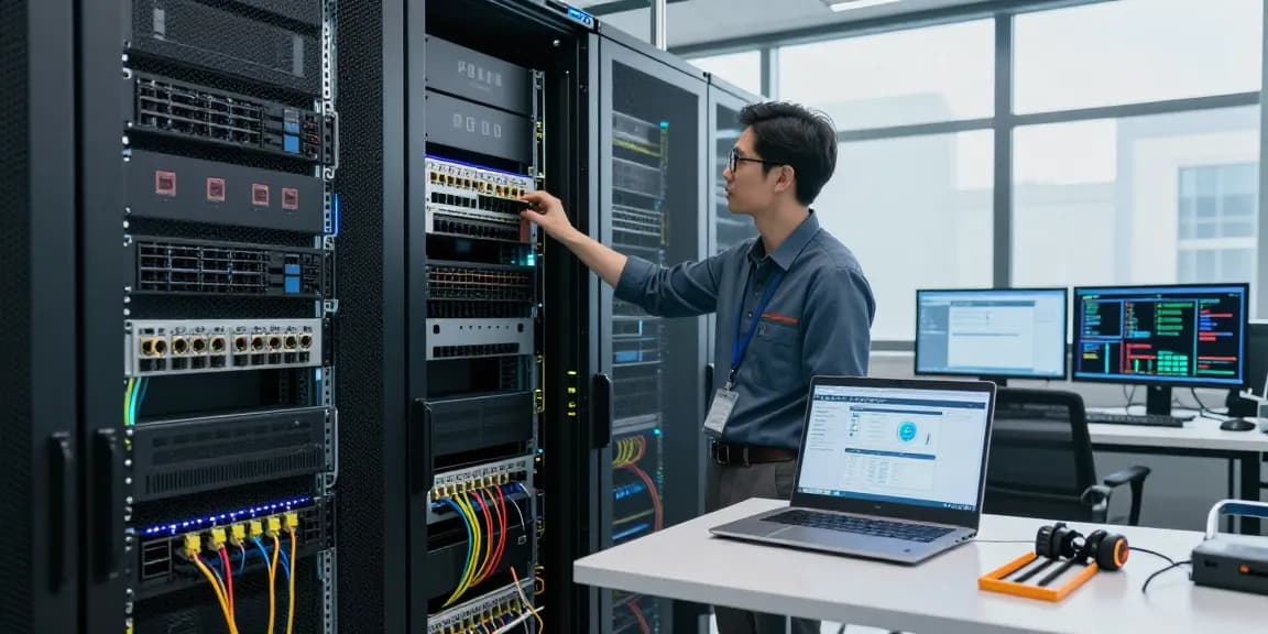 C19/C20 connectors in a professional data center environment with a technician assessing server power connections.