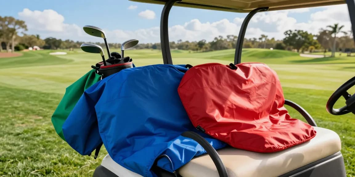 Golf cart seat covers being installed on a sunny day at a golf course, with colorful options nearby.
