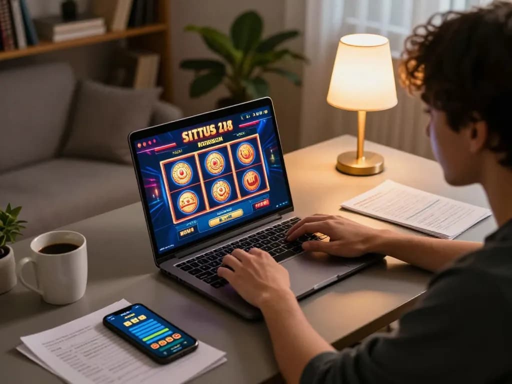 Engaging in situs slot gameplay on a laptop with a strategic approach in a cozy home setting