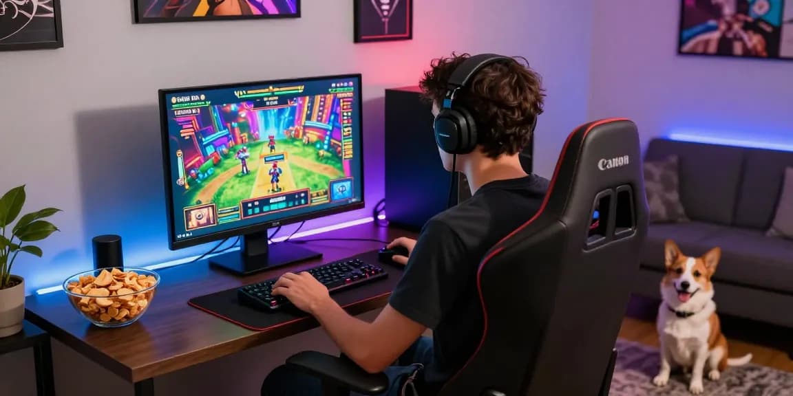 Player enjoying gaming experience at home with link alternatif raja328 displayed on the screen, colorful graphics, and a cozy atmosphere.