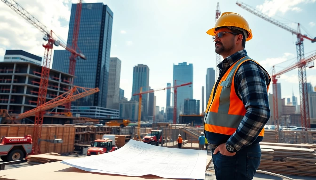 New York Commercial General Contractor managing a lively construction site with workers and machinery.