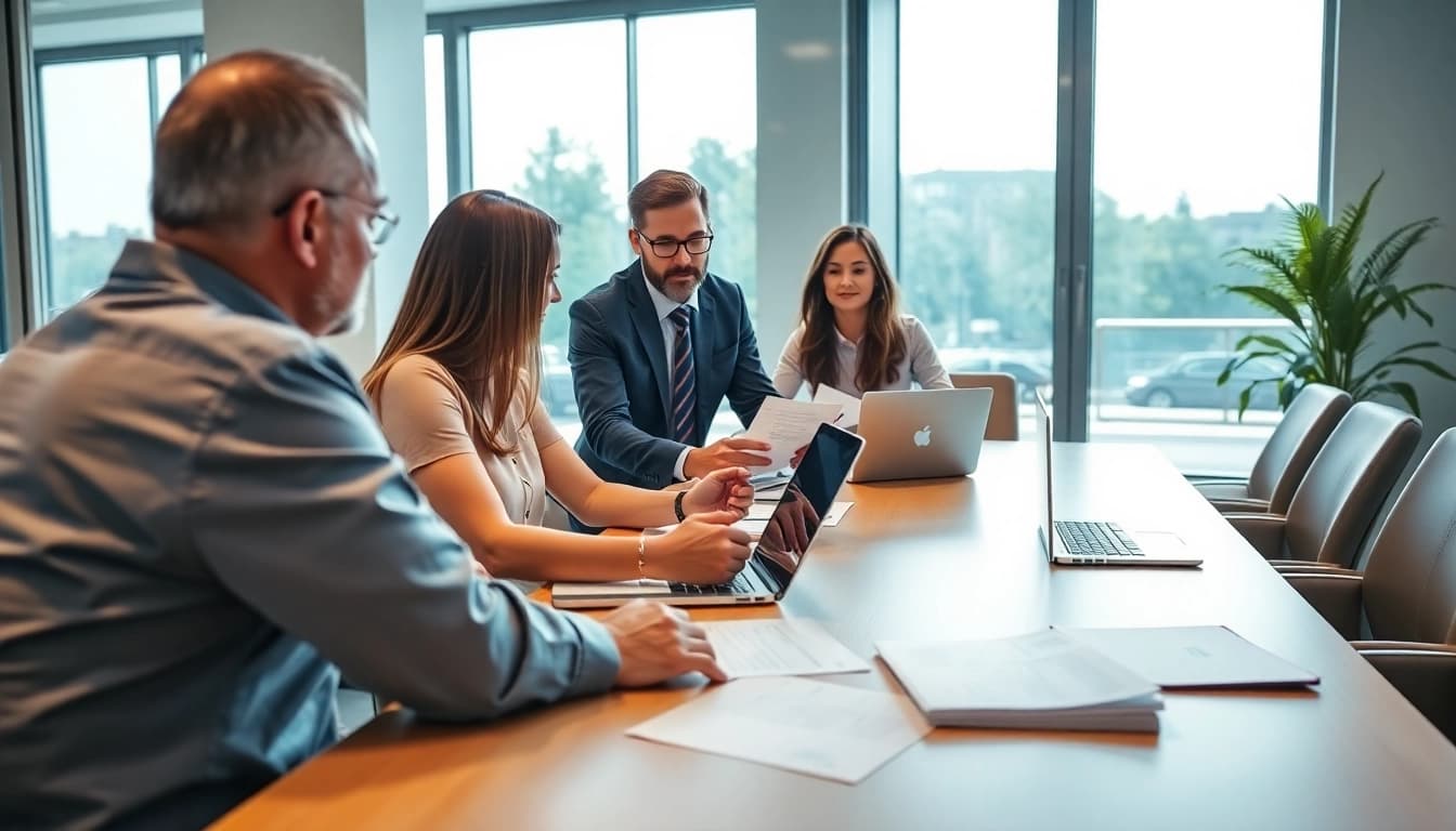 Warranty company with clear exclusions team brainstorming policies and procedures in a modern office.