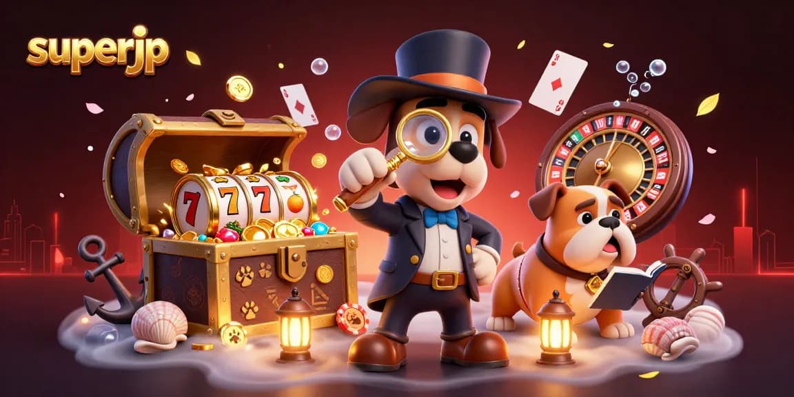 Join the adventure with superjp as a detective uncovers poker treasures in this vibrant casino scene.