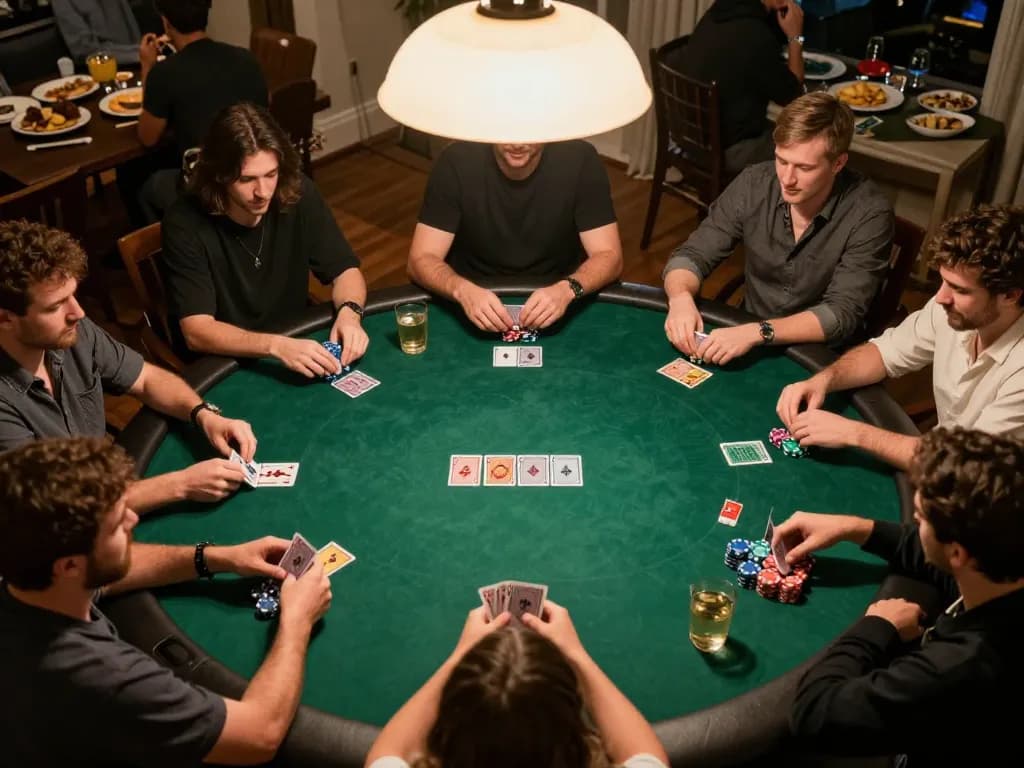 A group of friends engaged in a dynamic poker game at home, showcasing casino senza licenza aams atmosphere with vibrant chips and cards