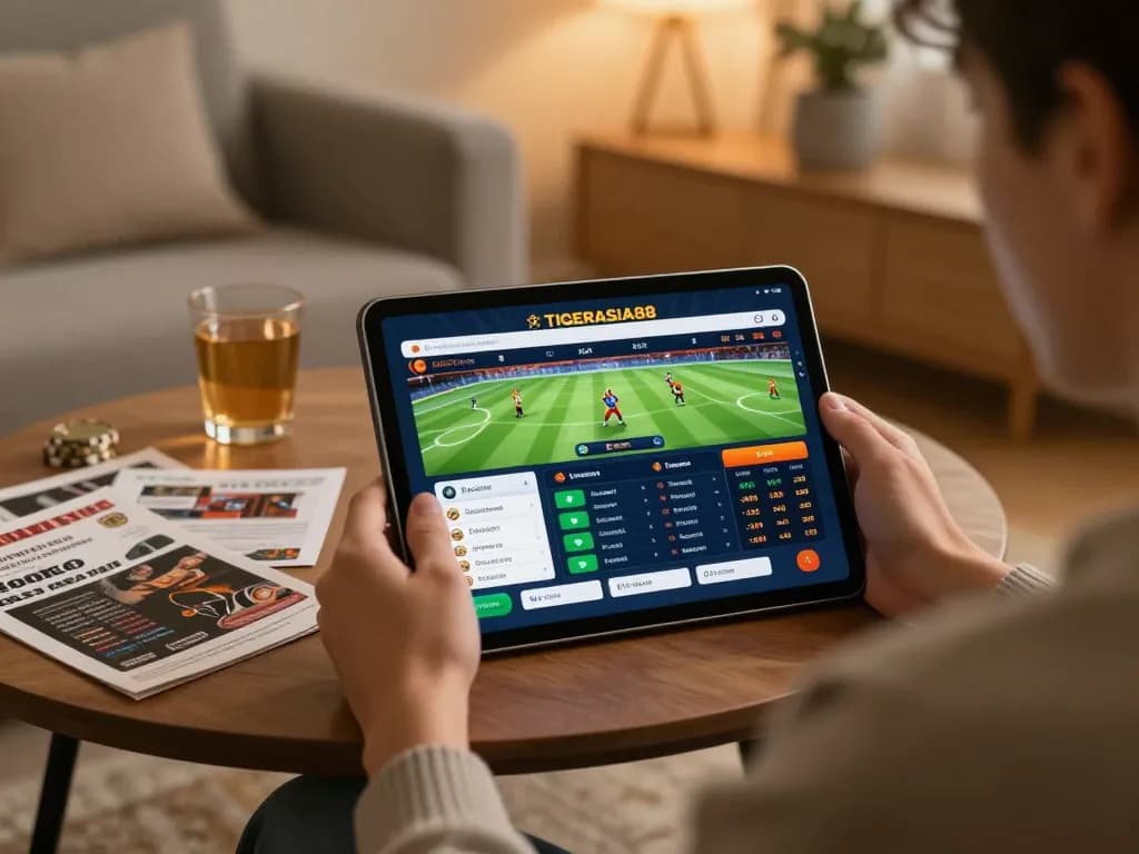 TIGERASIA88 sports betting on a tablet in a cozy home setting with warm lighting.