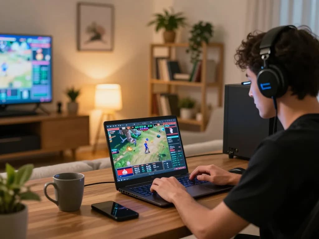 Engaging scene of player monitoring live cambodia draw while using laptop at home desk.