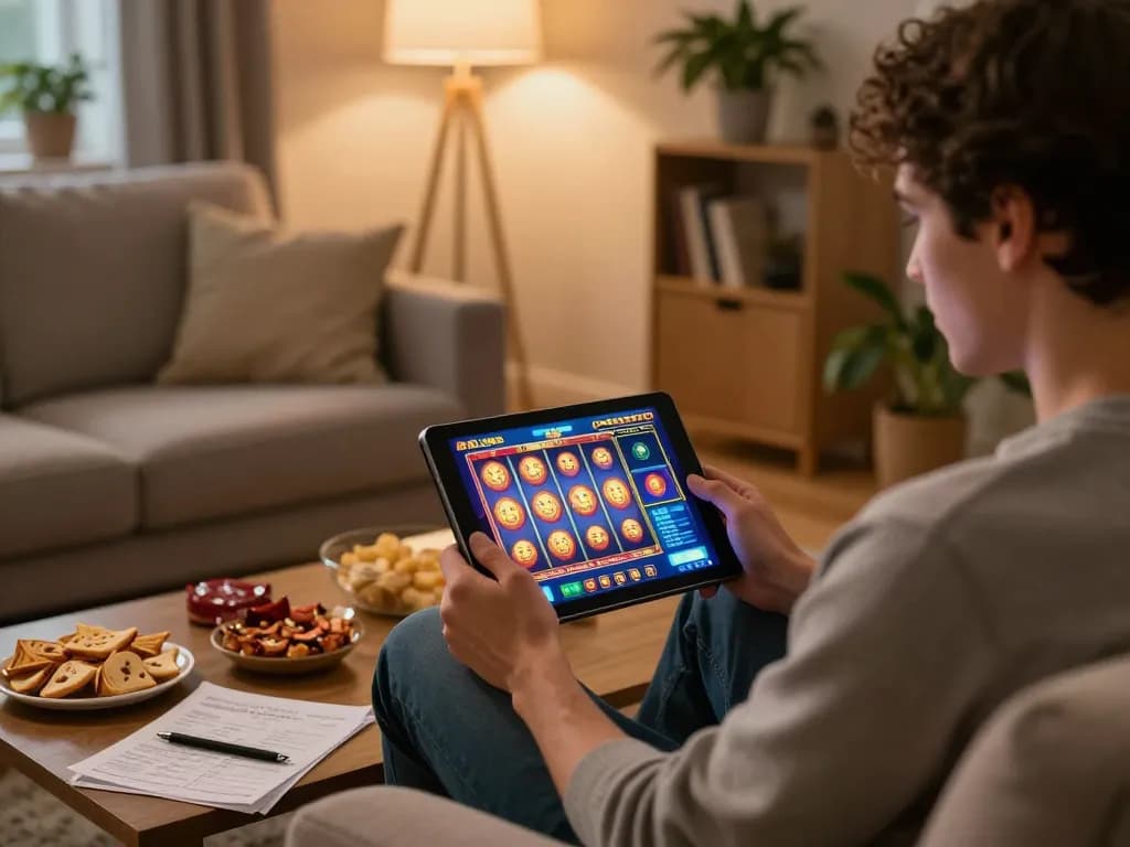 Engaging in online slot gaming, claiming bonus new member 100 offers on a tablet at home.
