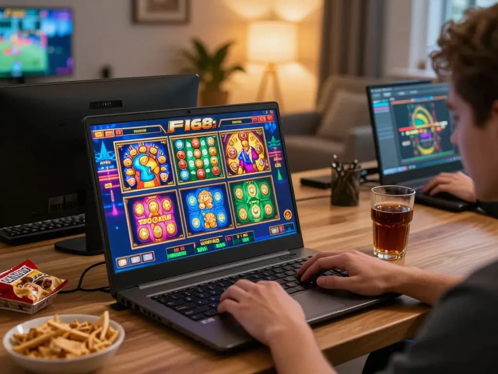Player enjoying an immersive gaming experience with F168's slot games on their laptop in a cozy home