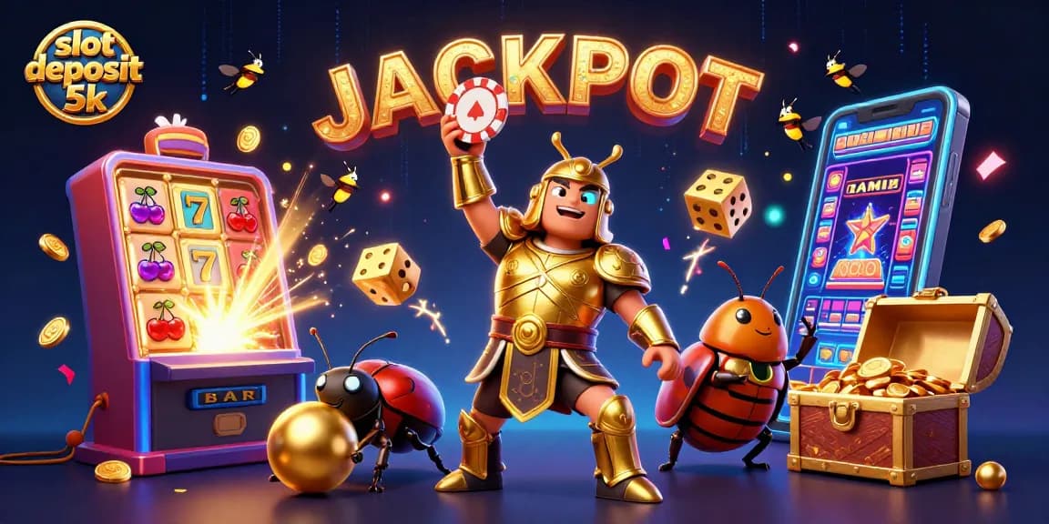Spin to win big with slot deposit 5k as a heroic beetle celebrates jackpot victory among casino treasures!