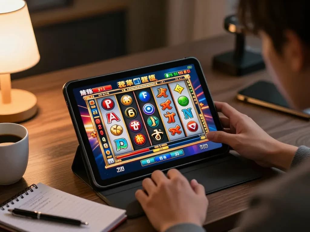 Playing a slot jepang game on a tablet with engaging graphics and strategic notes nearby