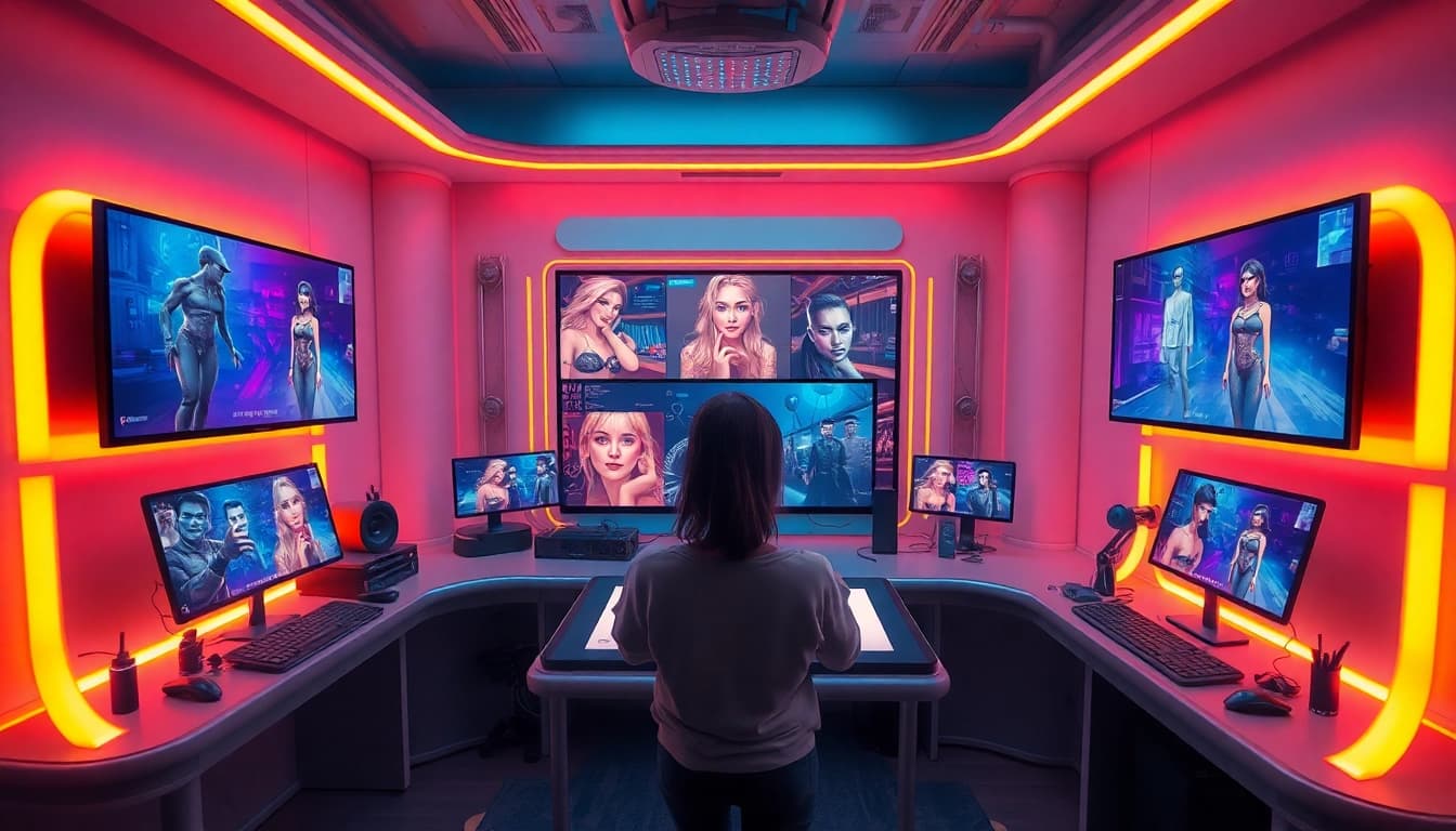 AI nsfw art studio showcasing futuristic image generation with engaging characters.