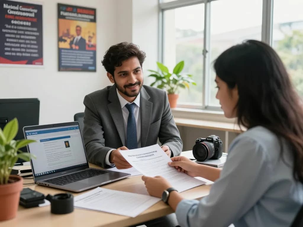 Advisor assisting a student with National University (Bangladesh) Certificate application documents in a modern office.