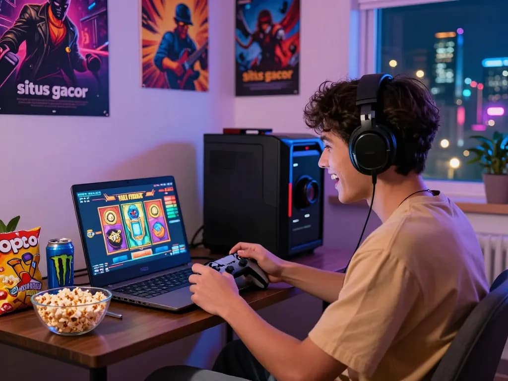 Engaged gamer enjoying situs gacor on a laptop with snacks in cozy home setup.