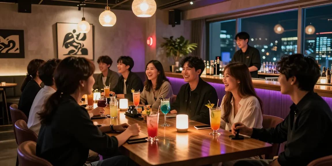 Friends enjoying vibrant cocktails at 상봉동 한국관나이트 in a stylish nightlife setting.