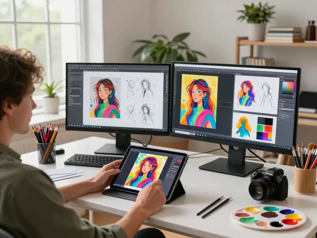 Artist using image to prompt ai tool in modern digital studio with vibrant artwork.