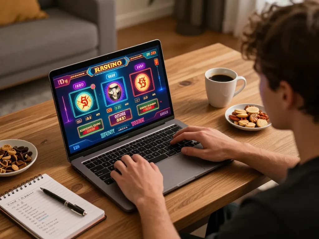 Player engaging with casinò online europei on laptop, surrounded by snacks and strategic notes for enhanced gameplay.