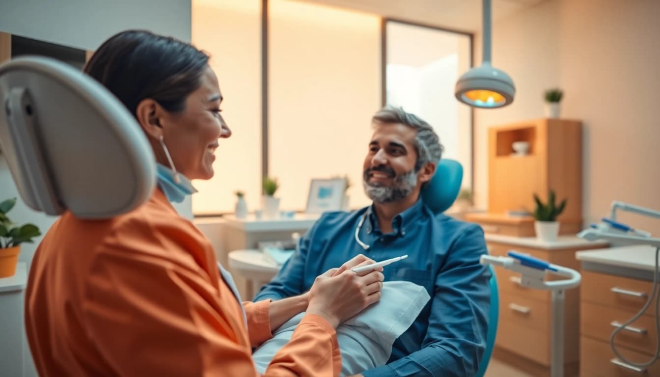 Dentist providing a calming experience for a patient in a modern dental clinic.