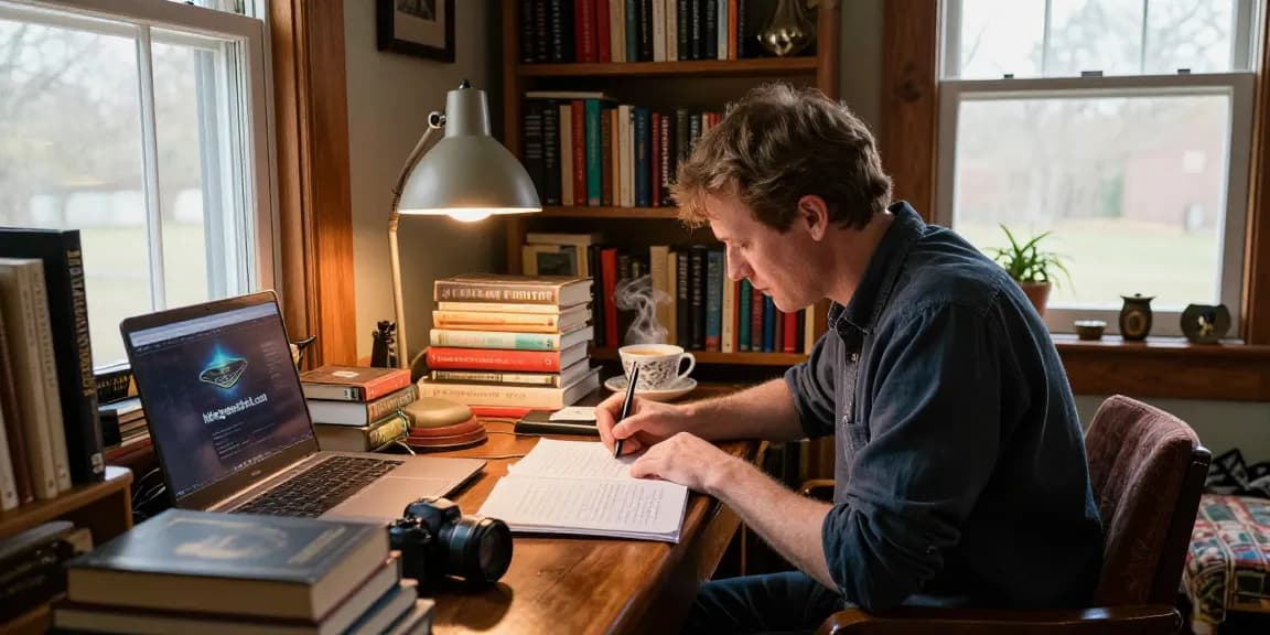Writer T Allen Greenfield at desk with books, sharing insights at https://tallengreenfield.com in a cozy library