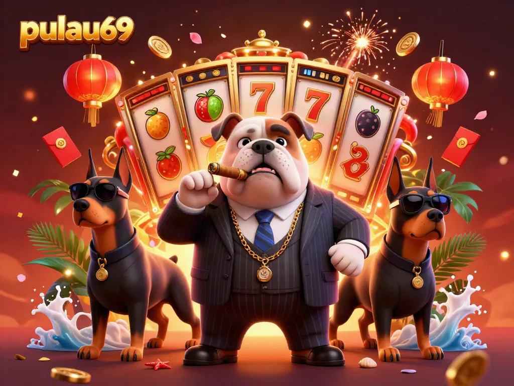 Engage with thrilling slot action at pulau69 featuring animated 3D mafia bulldog and bodyguards.