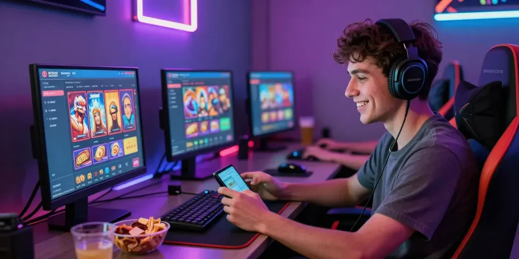 Excited gamer enjoying slot88 on a mobile device in a colorful gaming nook with LED lights.