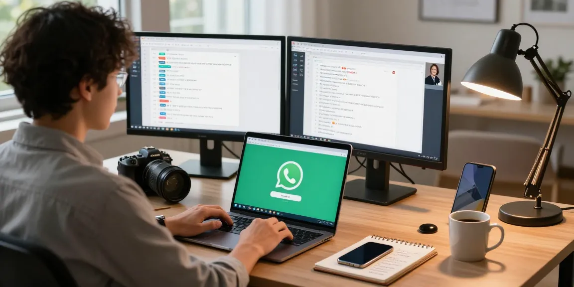 Person using WhatsApp電腦版 on a laptop in a modern home office, showcasing effective remote communication tools.