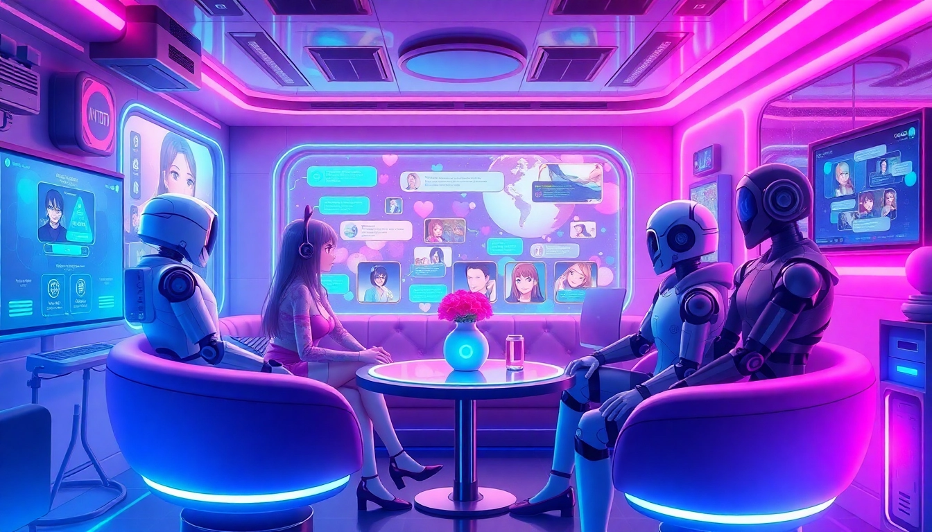 Explore engaging interactions with best NSFW AI chatbots in a vibrant digital lounge setting.