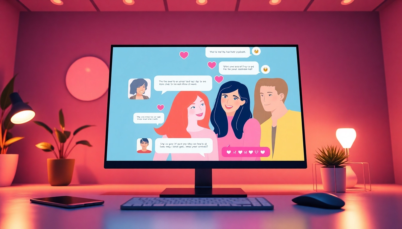 Engaging scene of sex chat AI interactions showcasing vibrant characters and chat bubbles.