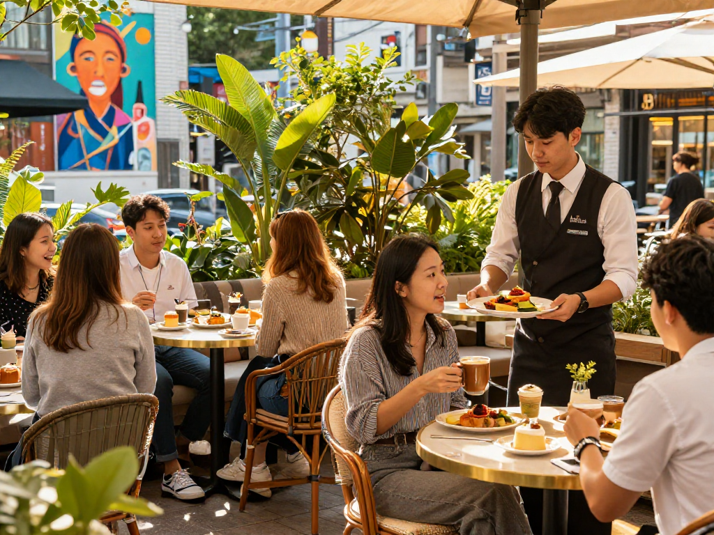 강남 달토가 있는 현대적 야외 카페에서 친목을 나누는 사람들