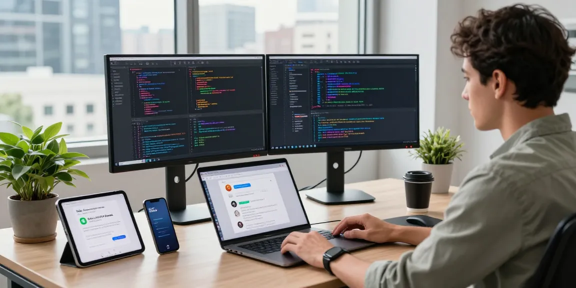 Engineer's workspace showcasing crush ai coding projects with dual monitors and city view.