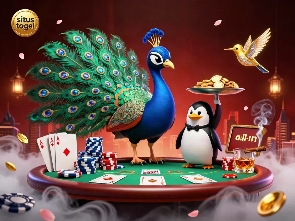 Engage with situs togel in a dazzling 3D scene featuring a peacock, penguin, and hummingbird around a poker table.