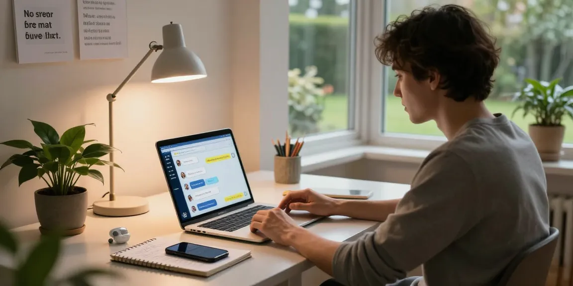 Engaging with nsfw chat ai on a laptop in a cozy home office.