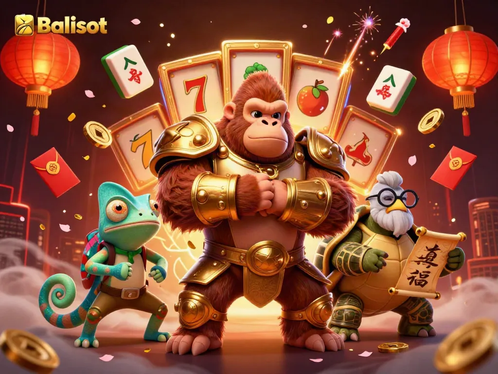 Balislot gaming scene with a powerful gorilla king, a chameleon, and a tortoise elder amidst dynamic casino elements.