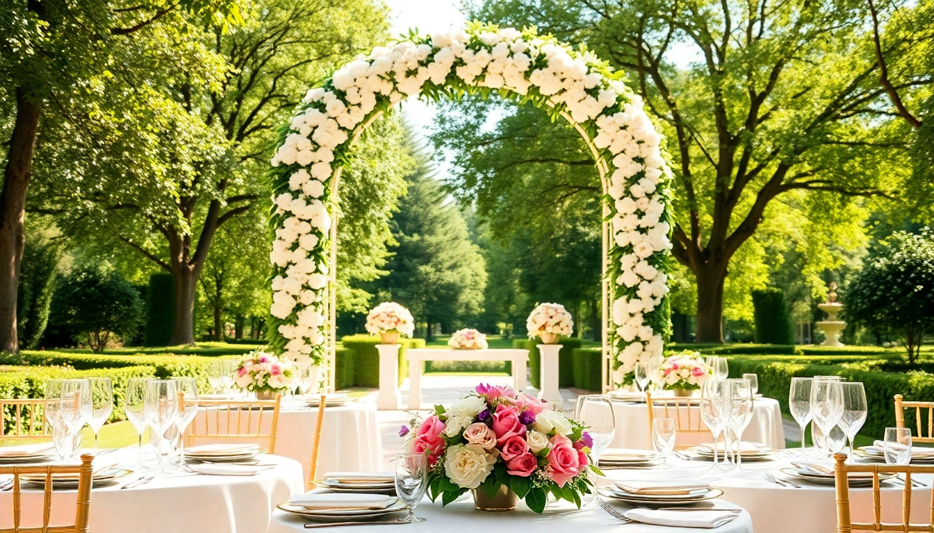 Stylish outdoor wedding setup showcasing Wedding & Event Rentals with floral decorations, tables, and greenery.