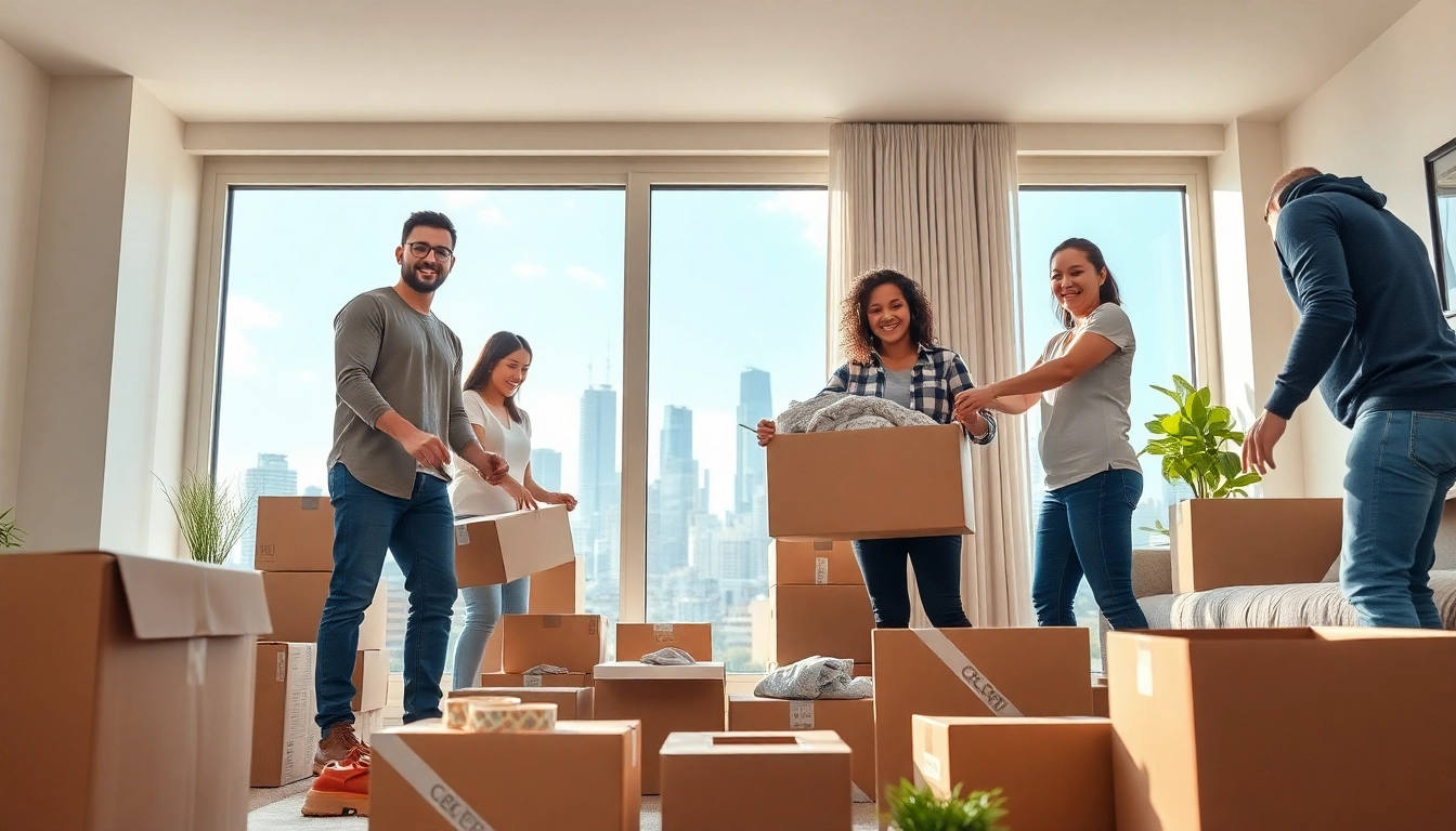 Team providing Toronto moving services expertly packs belongings in a modern living room.