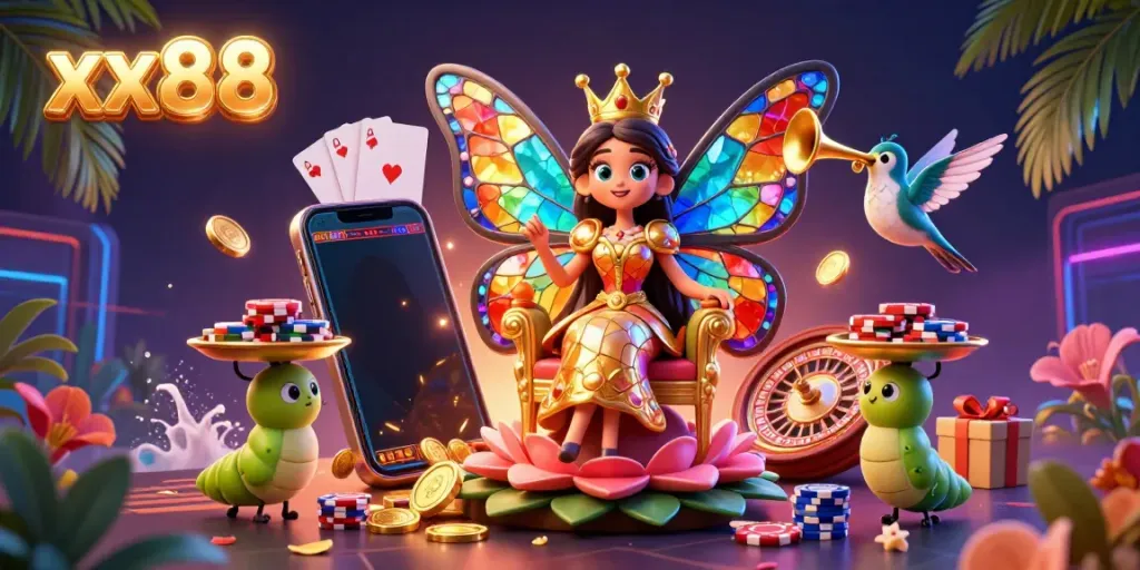 Experience thrilling gameplay with xx88 in this vibrant casino scene featuring a butterfly queen and fun game elements.
