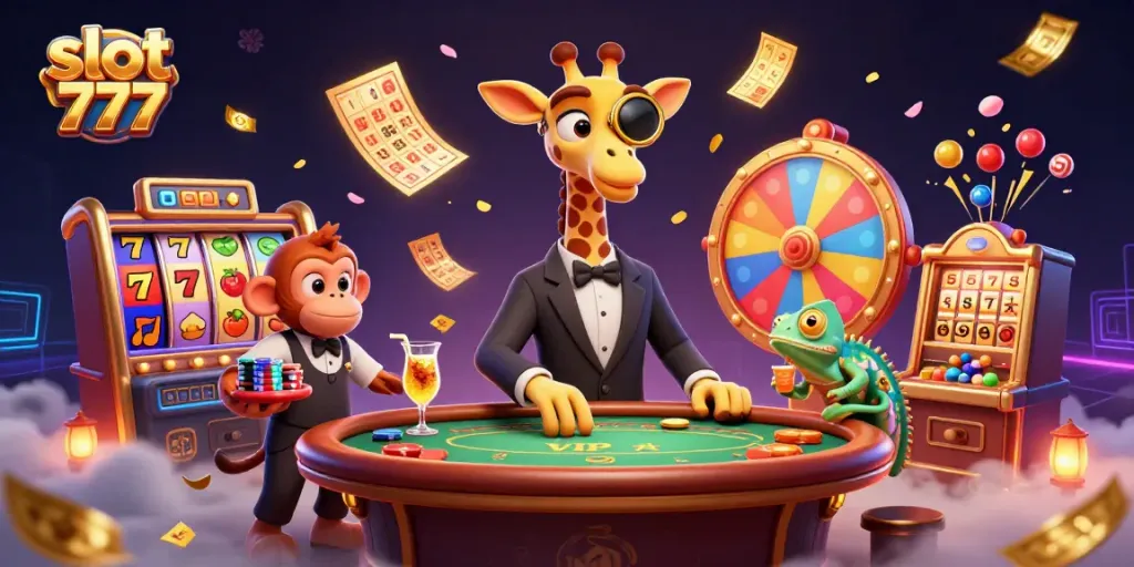 Slot 777 menawarkan suasana kasino yang menegangkan dengan jerapah di meja poker.