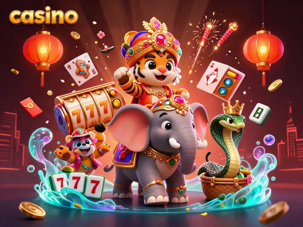 Experience the excitement of the casino with a vibrant scene featuring a maharaja tiger and colorful game elements.
