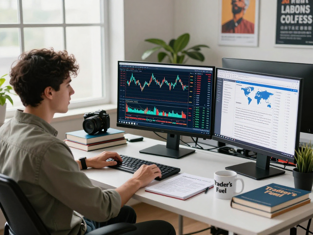 Young analyst using TradingView for market analysis in a modern office setting